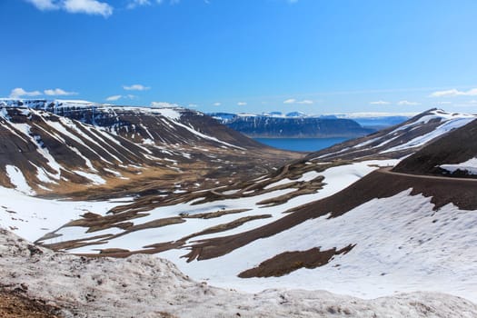 Snowy mountainous landscape in the Westfjords, Iceland