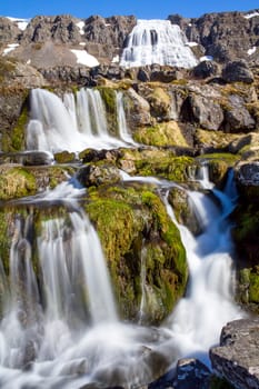 Magnificent stream of Dynjandi waterfall in the Westfjords, Iceland