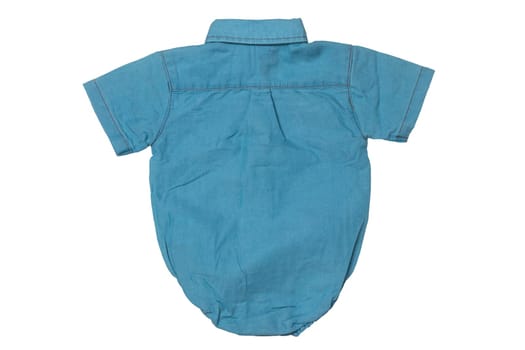 Blue baby bodysuit for boy isolated on a white background. Clipping path. Clothes for newborns. Baby fashion. Back view.