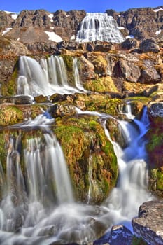 Magnificent stream of Dynjandi waterfall in the Westfjords, Iceland