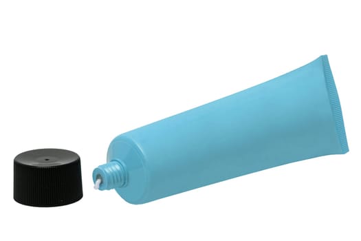 Cosmetic products isolated. Close-up of a opened turquoise tube cosmetic cream with a skin care product for face isolated on a white. Space for text. Macro.