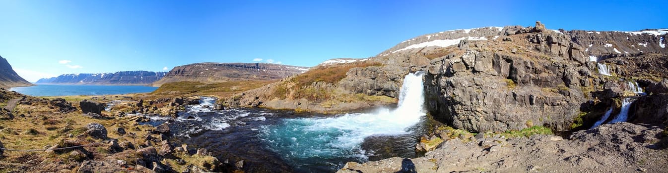 Panorama of Dynjandi waterfall in the Westfjords, Iceland