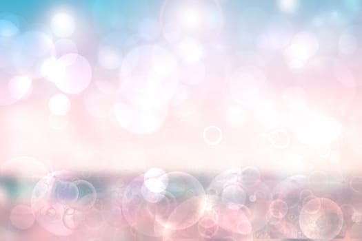 Abstract sunset illustration. Abstract evening or sunset mood background texture with light blue ocean and pastel colored bokeh lights and orange sunny sky. Beautiful sunset.