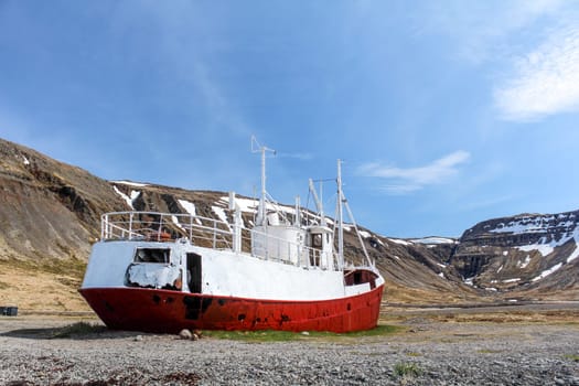 Old stranded ship stranded in Patreksfjordur, Westfjords of Iceland