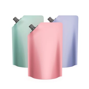 Three different colored stand-up pouches on white background