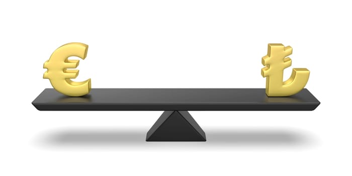 Balance between Euro and Turkish lira on seesaw, concept image