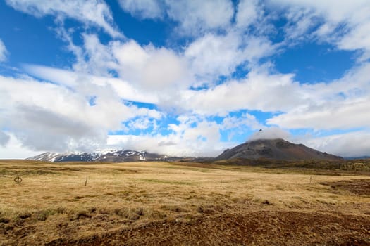 Panoramic view of mountainous Hellnar, Snaefellsnes National Park, Iceland