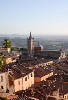 Massa Marittima old town and San Cerbone Duomo cathedral. Tuscany, Italy.