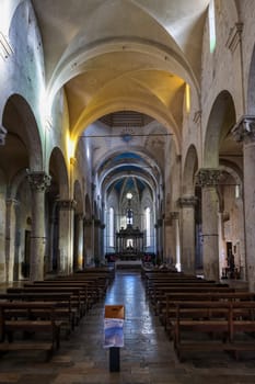 Massa Marittima, Italy - Sept 11, 2022: Interior of cathedral of Saint Cerbonius in Massa Marittima. Italy