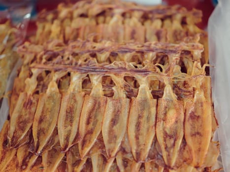 Dry dried squid on market at Rayong, Thailand