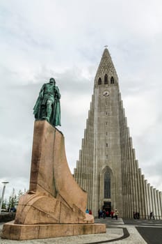 Reykjavik, Iceland - June 27, 2019 - Steeple of Hallgrimskirkja cathedral in Reykjavik, Iceland