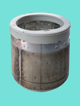 Metal drum of the washing machine part on blue sreen background .