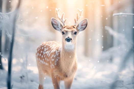 Deer in forest with snow in the winter season. Reindeer with a beautiful snow covered trees. AI generated