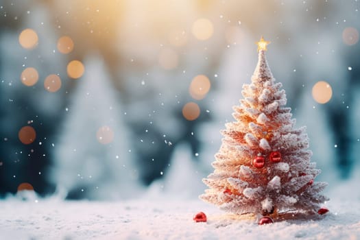 Merry Christmas background with a Christmas tree on snow background. Elegant Christmas Card with Gold Shining Fir.AI generated