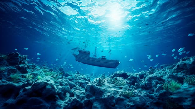 A wreck of a ship lying on the seabed and the sunlight reflects a beautiful light on him. Sunken ship lying on ocean bottom. AI generated