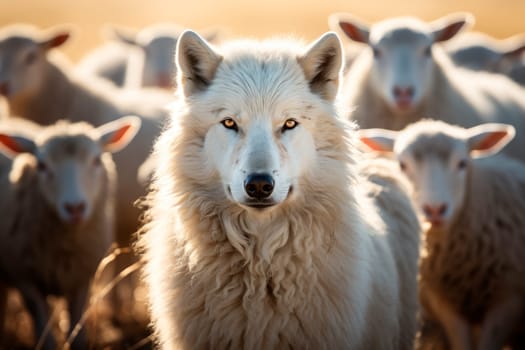 A portrait of Wolf surrounded by sheep. Concept for playing a role contrary to their real character with whom contact is dangerous.AI generated