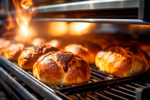 Hot bread in oven. Fresh buns from the oven. Conveyor with bread. Baking bread. Workshop for production of bread. AI generated