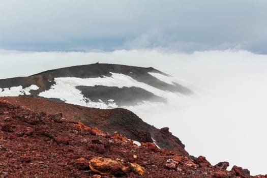 Snowy and foggy white landscape at Fimmvorduhals hiking trail in Iceland