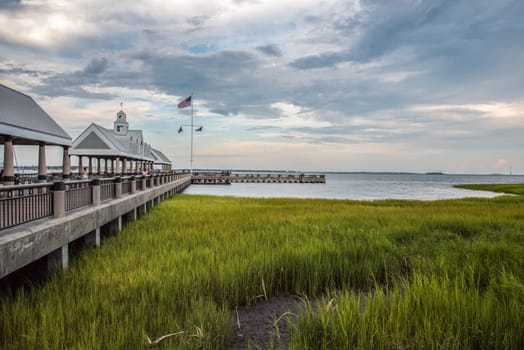 White pier and sea grass at Charleston bay, USA