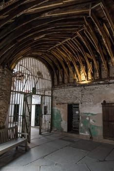 PHILADELPHIA, USA - AUGUST 15, 2022 - Abandoned corridor in the Eastern State Penitentiary in Philadelphia, USA