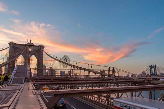 Night coming over famous Brooklyn Bridge, New York City, USA