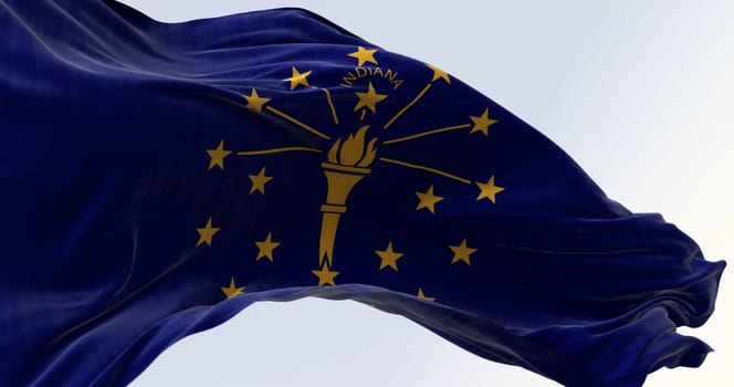 Close-up of Indiana state flag waving in the wind on a clear day. Indiana is a U.S. state in the Midwestern United States. 3d illustration render. Fluttering fabric