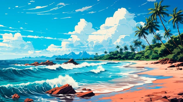 A calm empty beach landscape, with palm trees swaying in the wind and waves gently crashing against the sandy shore. Palm Beach In Tropical Island. AI generated