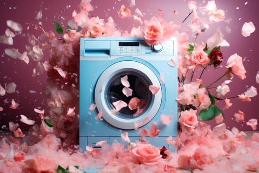 Concept for laundry. Washing machine surrounded by explosion of washing powder and pink flowers . Cleanliness and long lasting fragrance.AI generated