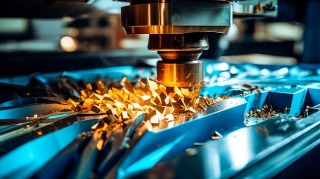 Metalworking CNC milling machine, a lot of steel shavings. Cutting metal modern processing technology.AI generated