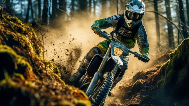 Professional motorcyclist on an enduro motorcycle rides on dirty road in the forest. Motorcycle climb a hill in the forest in a motocross race.AI generated