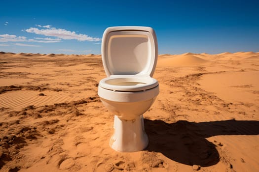 White ceramic toilet bowl at empty desert, front view. AI generated