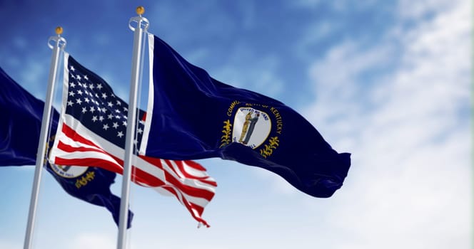 Flags of Kentucky and the United States waving in the wind on a clear day. Southeastern state of the United States. Democracy and identity. 3d illustration render. Fluttering fabric.