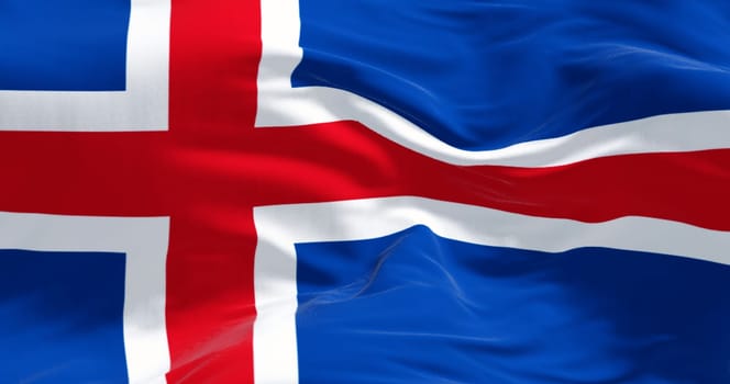 Close-up of Iceland national flag waving. Blue with a white cross and a red cross inside the white cross. 3d illustration render. Fluttering fabric background.