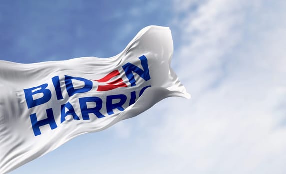 Washington D.C., US, april 22 2023: Flag with Biden Harris 2024 presidential election campaign flag waving on a clear day. Illustrative editorial 3d illustration render