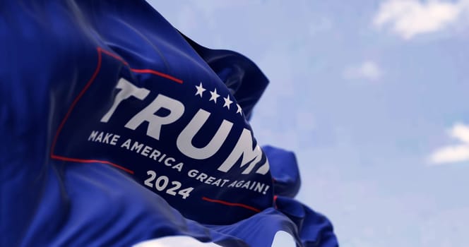 Arlington, US, July 21 2023: Close-up of Donald Trump election campaign flag waving. 2024 US presidential election. Illustrative editorial 3d illustration render