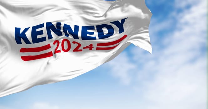 Washington D.C., US, april 2 2023: Kennedy 2024 Democratic presidential primaries campaign flag waving ion a clear day. Democratic party primaries. Illustrative editorial 3d illustration render