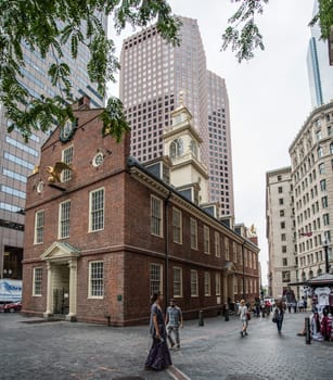 BOSTON, USA - AUGUST 23, 2022 - Famous old state house at the Boston freedom trail, Boston, USA