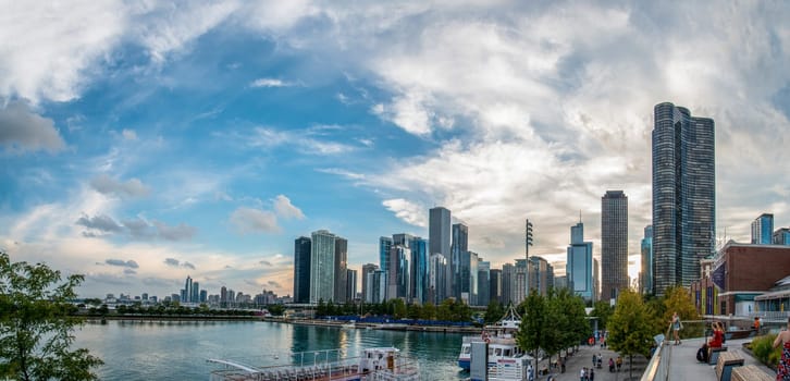 Sunset over the skyline of Chicago, from Navy Pier, USA