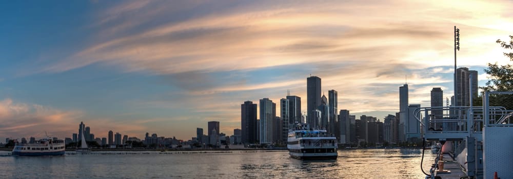 Sunset over the skyline of Chicago, from Navy Pier, USA
