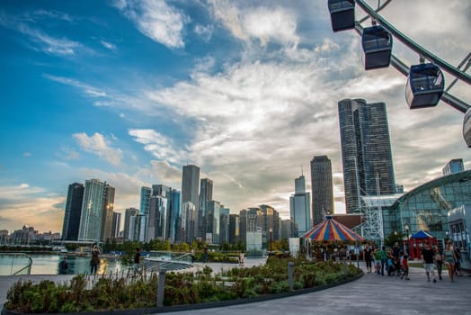 Sunset over the skyline of Chicago, from Navy Pier, USA