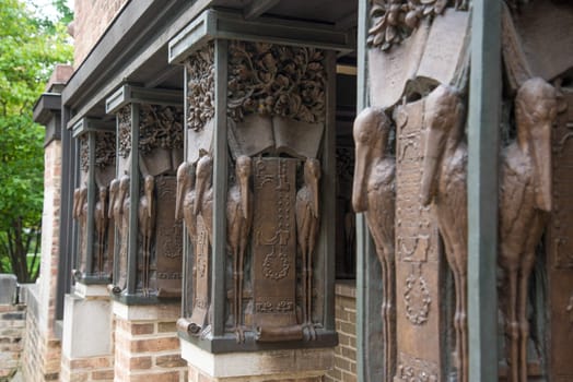 CHICAGO, USA - AUGUST 26, 2022 - Pillars in front of Frank Lloyd Wright's studio in Oak Park, USA