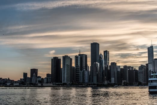 Sunset over the skyline of Chicago, from Navy Pier, USA