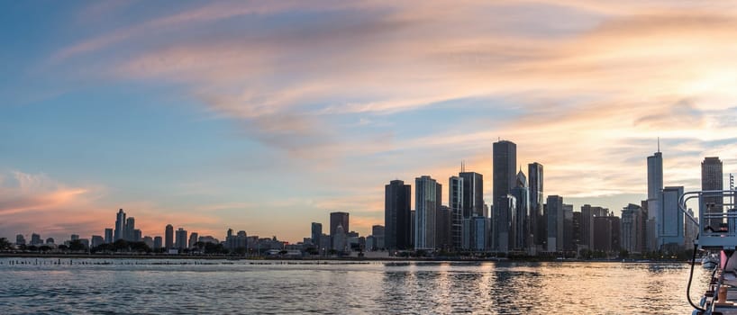 Sunset over the skyline of Chicago, from Navy Pier, USA