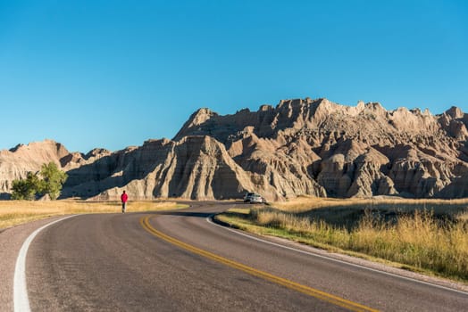 Main road leading through the Badlands National Park, USA