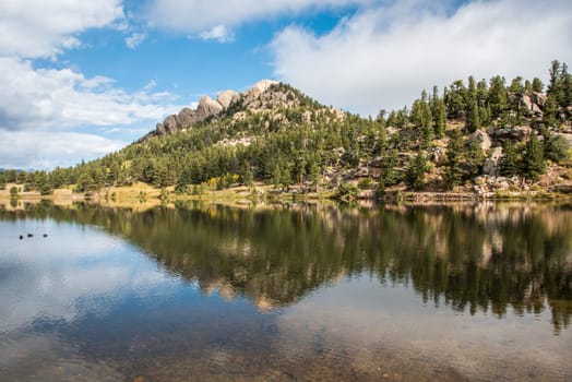 Reflection of a wooded hill in a lake of Rocky Mountain National Park, USA