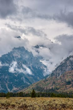 Panoramic view of the Grand Teton mountain chain in Wyoming, USA