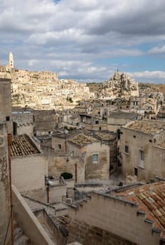 View of the Sassi di Matera a historic district in the city of Matera, well-known for their ancient cave dwellings. Basilicata. Italy