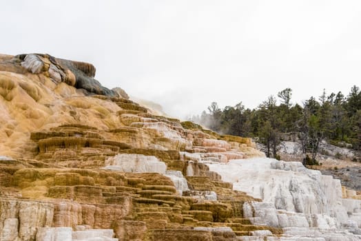 Scenic lifeless calcium terraces at Mammoth Hot Springs, Yellowstone National Park, USA