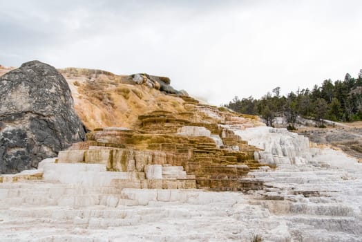 Scenic lifeless calcium terraces at Mammoth Hot Springs, Yellowstone National Park, USA