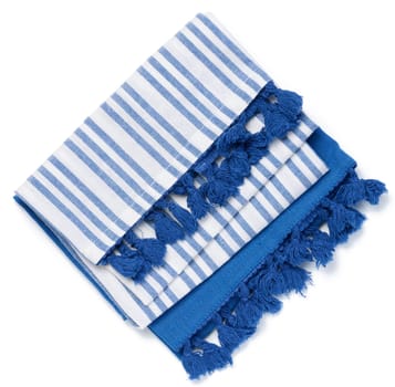 Folded white blue linen napkin with pom pom on a white isolated background, top view